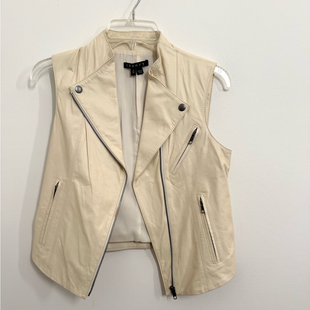 Theory Zida leather moto vest in off-white lamb leather.